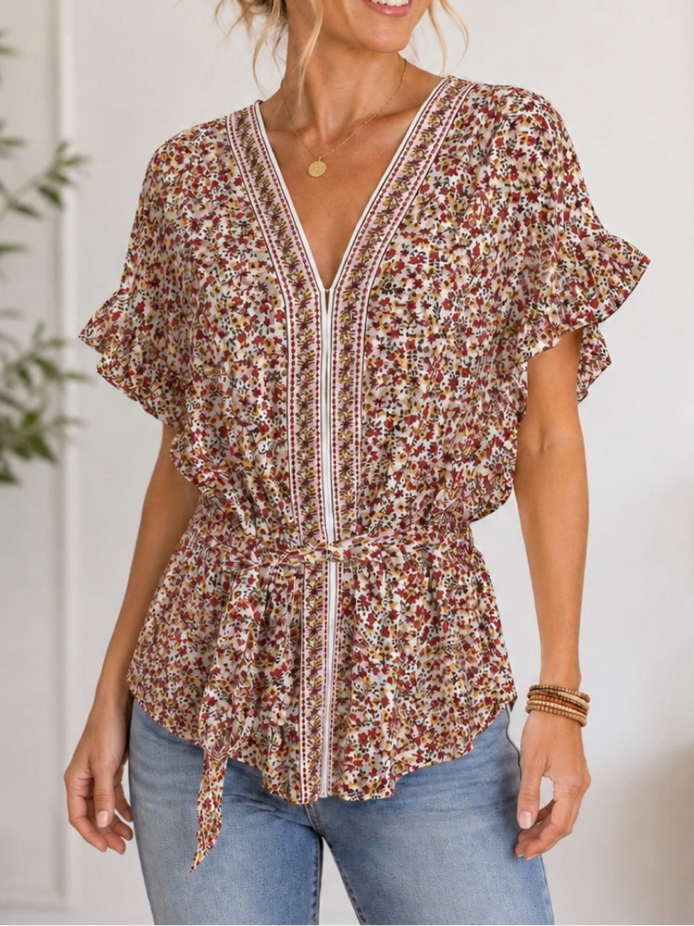 Max Studio Red & Cream Beautiful floral boho blouse, size XL